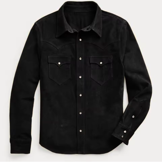 Black suede shirt with button details on a light gray background