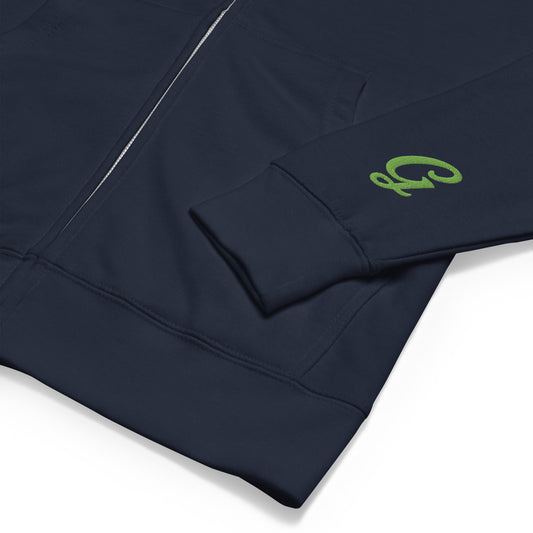 Unisex fleece zip up hoodie - Green and blue crest - Greenwood Supply Co.