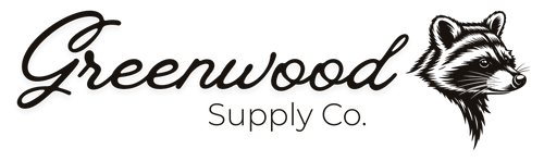 Greenwood Supply Co. logo with a charcoal black raccoon illustration on a transparent background