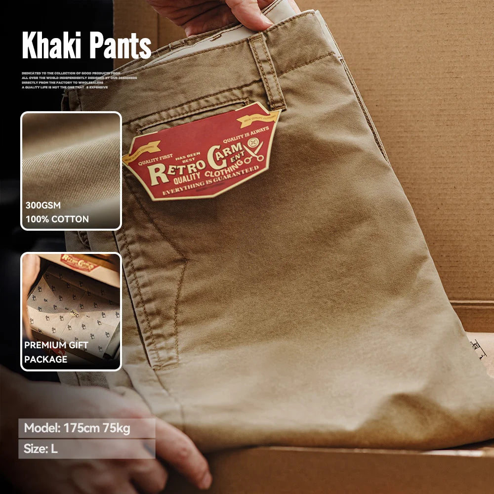 Khaki pants with a brand label on a cardboard box