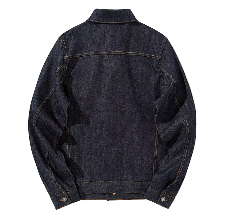 Dark blue denim jacket on a white background