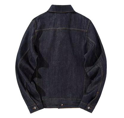 Dark blue denim jacket on a white background