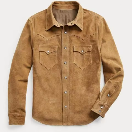 Brown suede shirt with button details on a light gray background