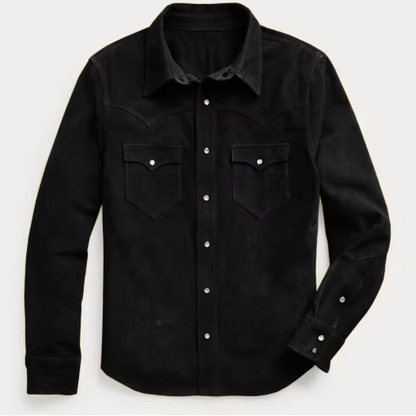 Black suede shirt with button details on a light gray background