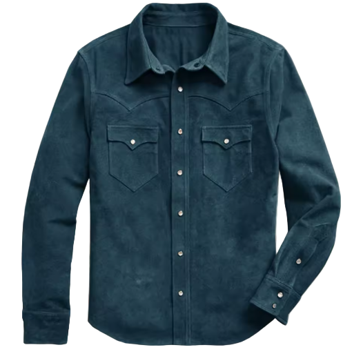 Blue suede shirt with button details on a light gray background